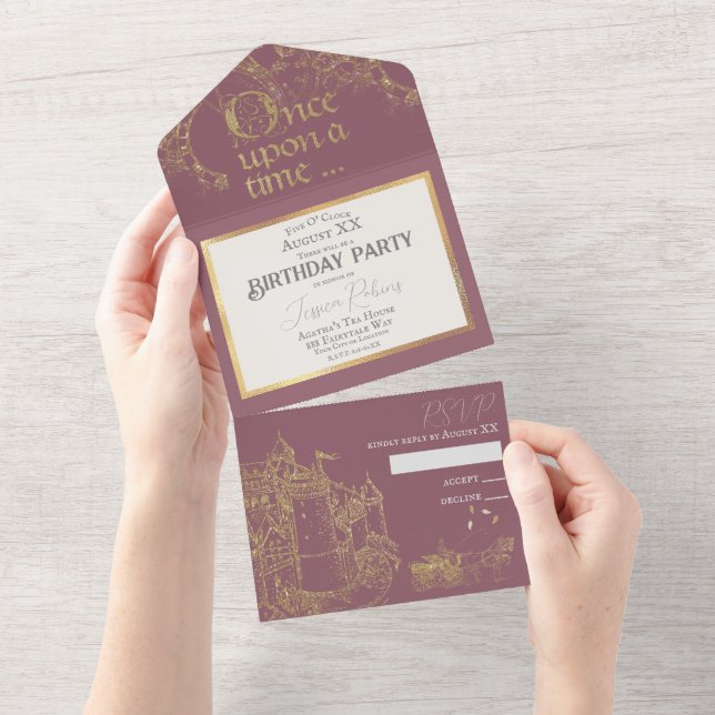 Invitation Tout En Un Fairy Tale Theme Castle Carriage Gold & Blush Pink (Déchirure)