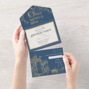 Invitation Tout En Un Fairy Tale Theme Castle Carriage Gold & Navy Blue