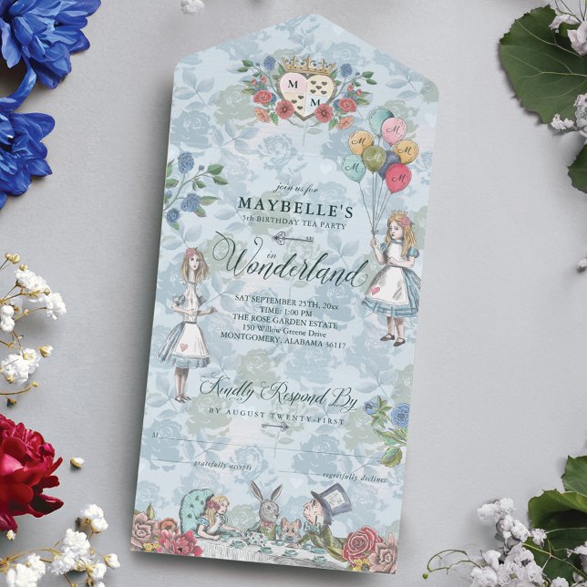 Invitation Tout En Un Fairytale Alice au pays des merveilles Anniversair (Fairytale Alice in Wonderland Birthday Tea Party All In One Invitation)