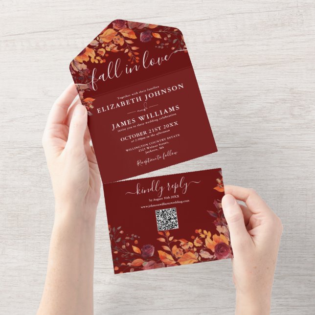 Invitation Tout En Un  Fall In Love Burgundy Floral QR Code Wedding (Déchirure)