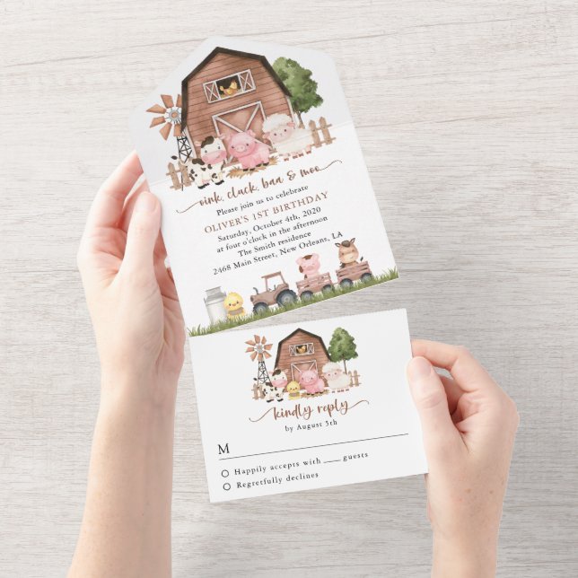 Invitation Tout En Un Farm Animals, Cute Animals, Barn, First Birthday (Déchirure)