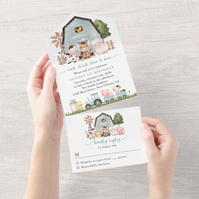 Invitation Tout En Un Farm Animals, Cute Animals, Barn, First Birthday (Déchirure)