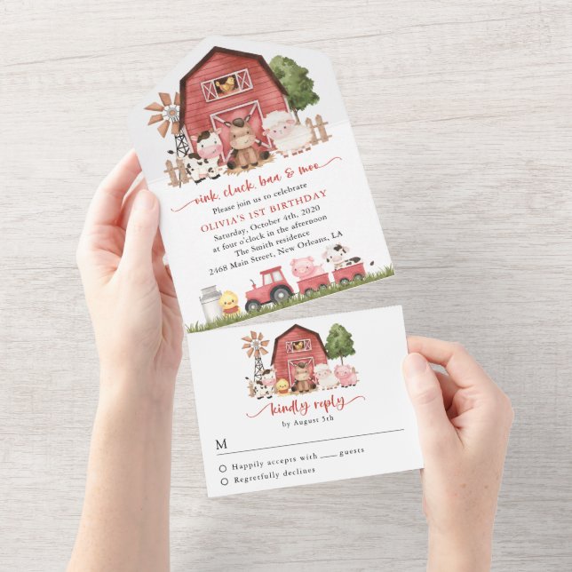 Invitation Tout En Un Farm Animals, Cute Animals, Barn, First Birthday (Déchirure)