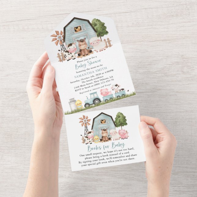 Invitation Tout En Un Farm Animals, Cute Animals, Blue Barn, Baby Shower (Déchirure)
