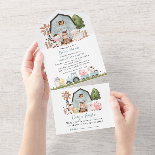 Invitation Tout En Un Farm Animals, Cute Animals, Blue Barn, Baby Shower (Déchirure)