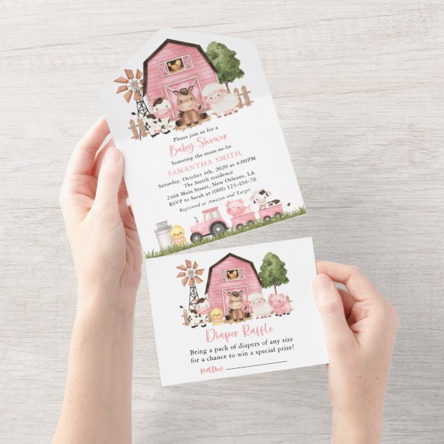 Invitation Tout En Un Farm Animals, Cute Animals, Pink Barn, Baby Shower (Déchirure)