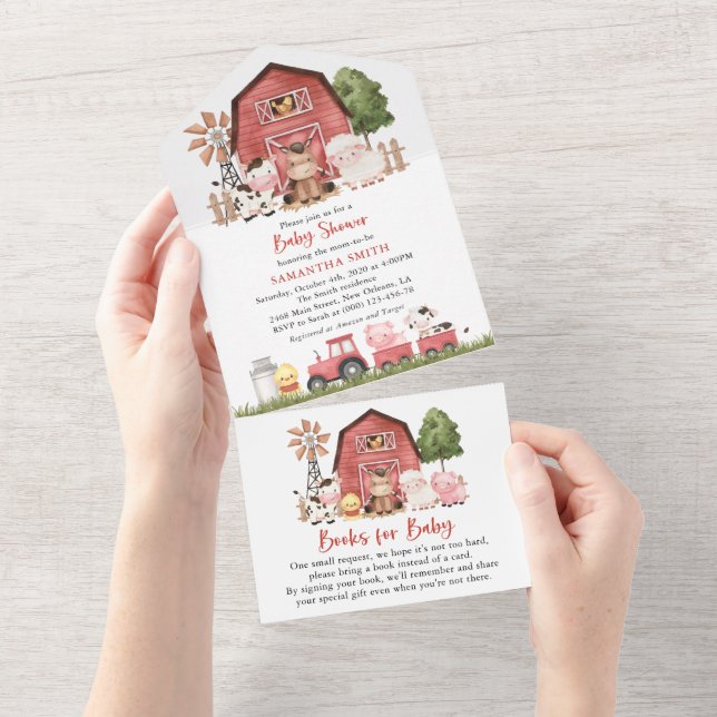 Invitation Tout En Un Farm Animals, Cute Animals, Red Barn, Baby Shower (Déchirure)
