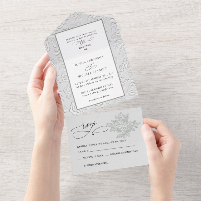 Invitation Tout En Un Faux Embossed White Roses Wedding  (Déchirure)