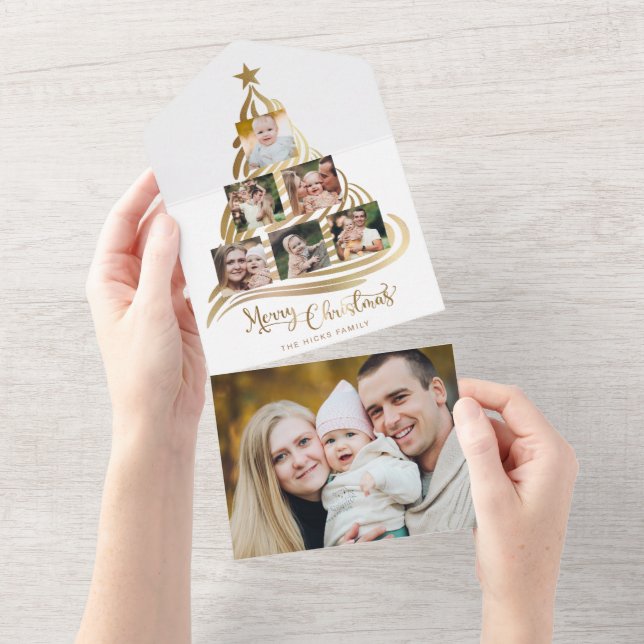 Invitation Tout En Un Faux Gold Christmas Tree Famille Multiphoto (Déchirure)