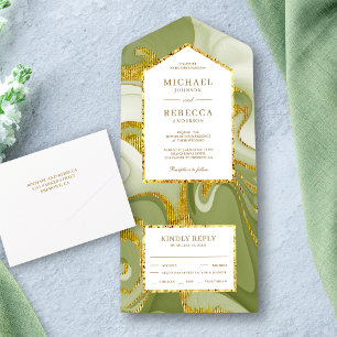 Invitation Tout En Un Faux Or Pailleté Vert Sauge Marbre Mariage