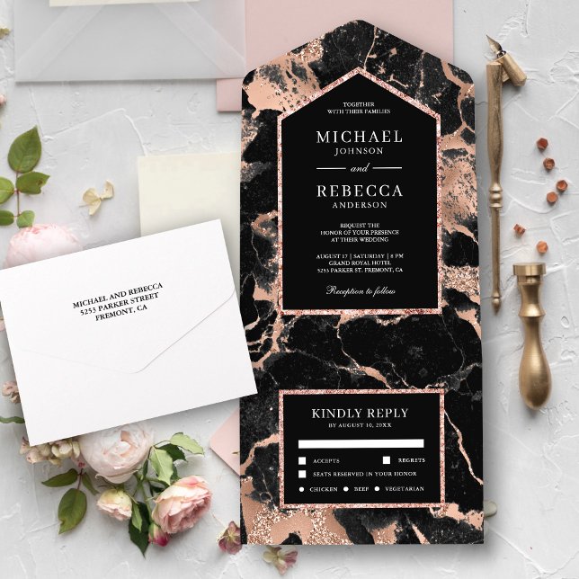 Invitation Tout En Un Faux Rose Noir Faux  Gold Foil Mariage (Créateur téléchargé)