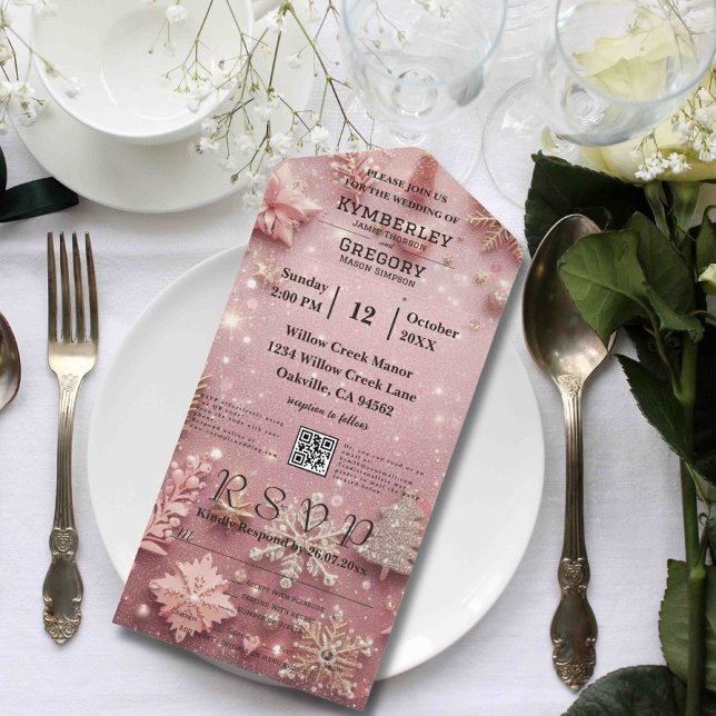 Invitation Tout En Un Faux Sparkle Shimmer Rose Argent Code QR de Noël (Créateur téléchargé)