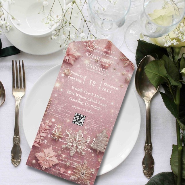 Invitation Tout En Un Faux Sparkle Shimmer rose Argent Noël d'hiver (Créateur téléchargé)