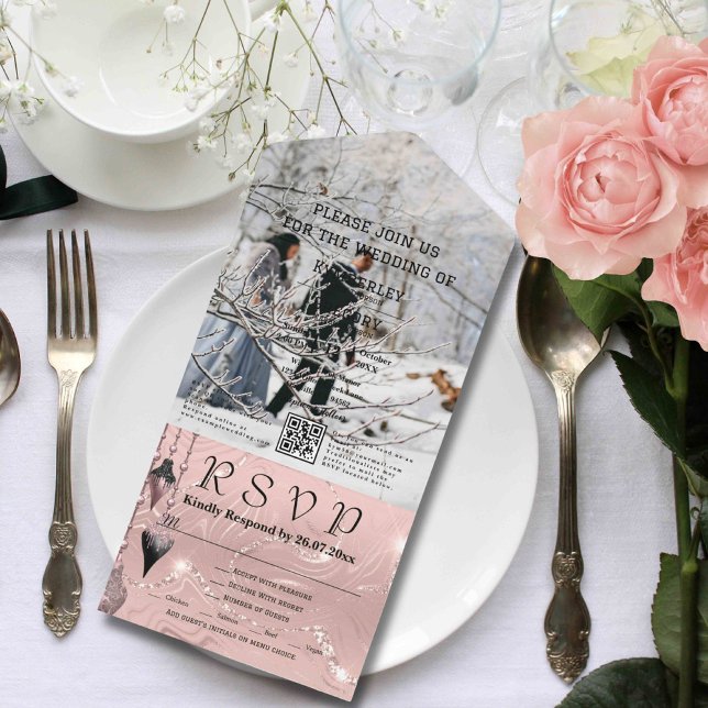 Invitation Tout En Un Faux Sparkle Shimmer rose argent QR Code Noël (Créateur téléchargé)