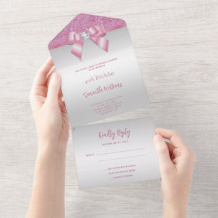 Invitation Tout En Un Féminin Arc en pierre précieuse rose et glitter po