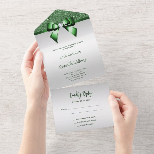 Invitation Tout En Un Feminine Emerald Gem Bow & Parties scintillant Ann (Déchirure)