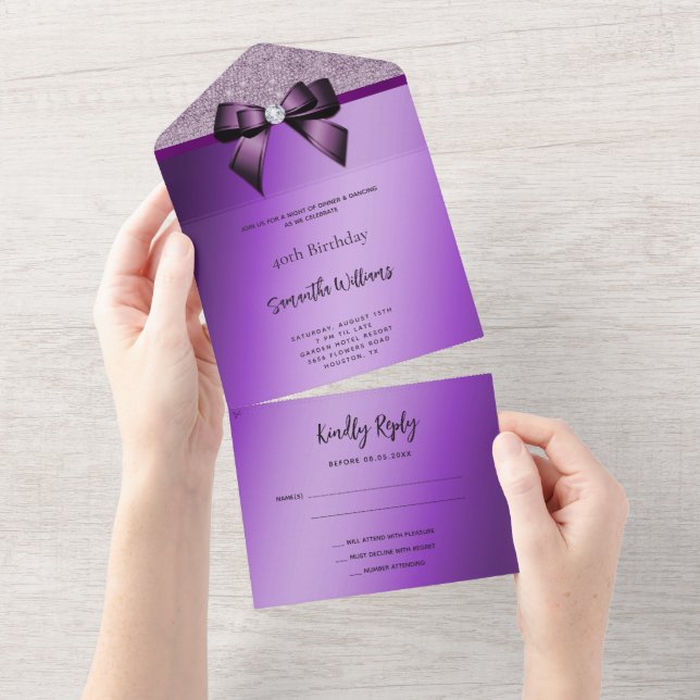 Invitation Tout En Un Feminine Purple Gem Bow & Parties scintillant Anni (Déchirure)