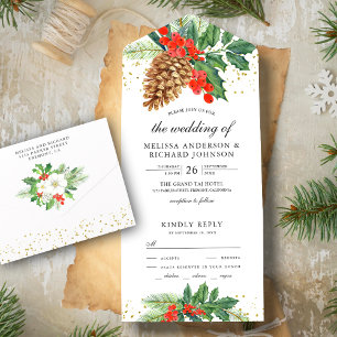 Invitation Tout En Un Festive Holly Berries Pine Cone Mariage de Noël