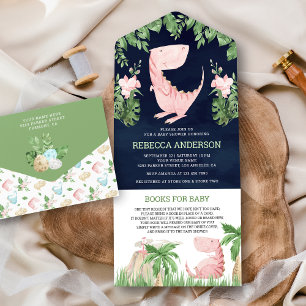 Invitation Tout En Un Fête bébé dinosaure floral rustique rose bleu mari