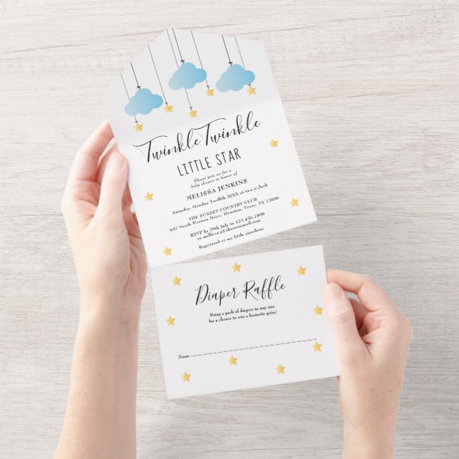 Invitation Tout En Un Fête bébé garçon Twinkle Twinkle Blue Boy (Déchirure)