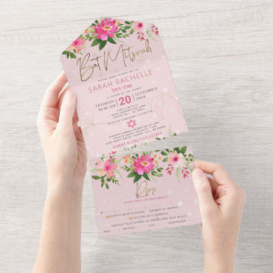 Invitation Tout En Un Fête de Bat Mitzvah rose en or typographie florale