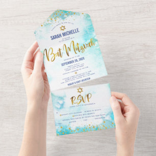 Invitation Tout En Un Fête de Bat Mitzvah Turquoise Aquarelle Or Écritur
