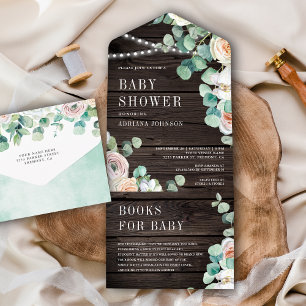 Invitation Tout En Un Fête de bébé Bois Rustique Roses Douces Eucalyptus