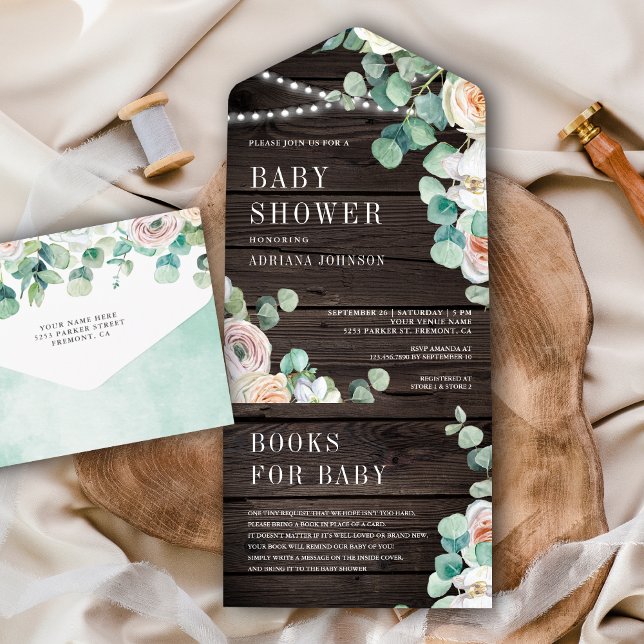 Invitation Tout En Un Fête de bébé Bois Rustique Roses Douces Eucalyptus (Créateur téléchargé)