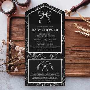 Invitation Tout En Un Fête de Bébé Coquette Ligne Noir et Blanc