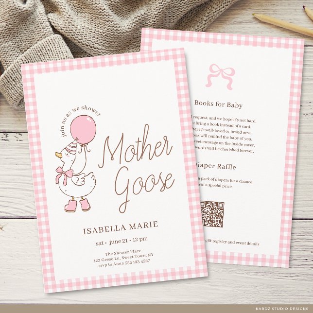Invitation Tout en Un Fête de Bébé Fille Mère l'Oie (The front and back of the invitation are shown at a 5x7 inch. Choose size, paper, + corner style.)