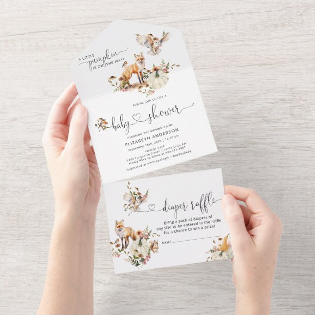 Invitation Tout En Un Fête de bébé Floral Automne Citrouille Animaux de  (Déchirure)