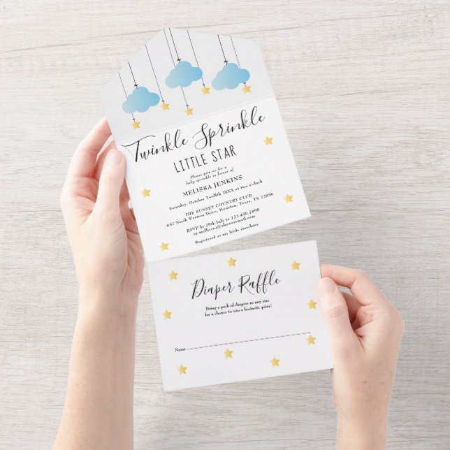 Invitation Tout En Un Fête de bébé garçon Bleu Twinkle Sprinkle (Déchirure)
