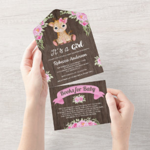 Invitation Tout En Un Fête de bébé girafe aquarelle florale rose en bois