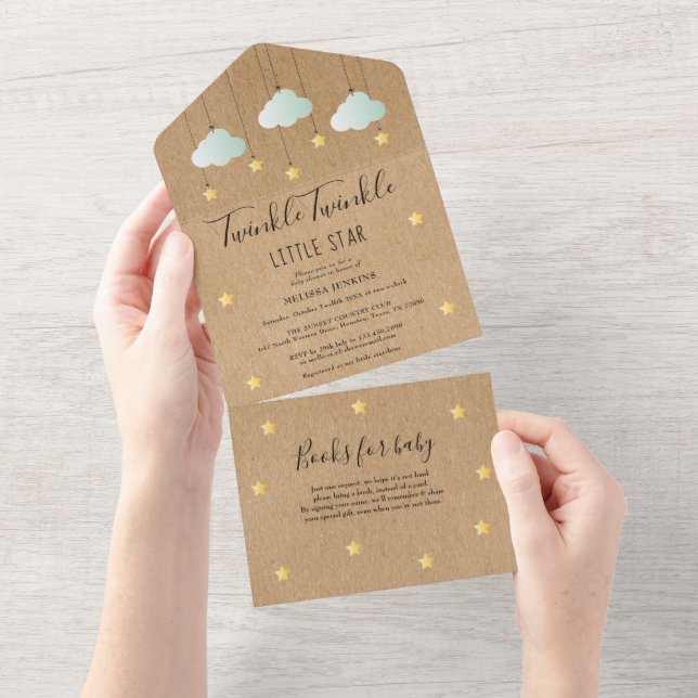 Invitation Tout En Un Fête de bébé neutre Rustique Twinkle Twinkle (Déchirure)