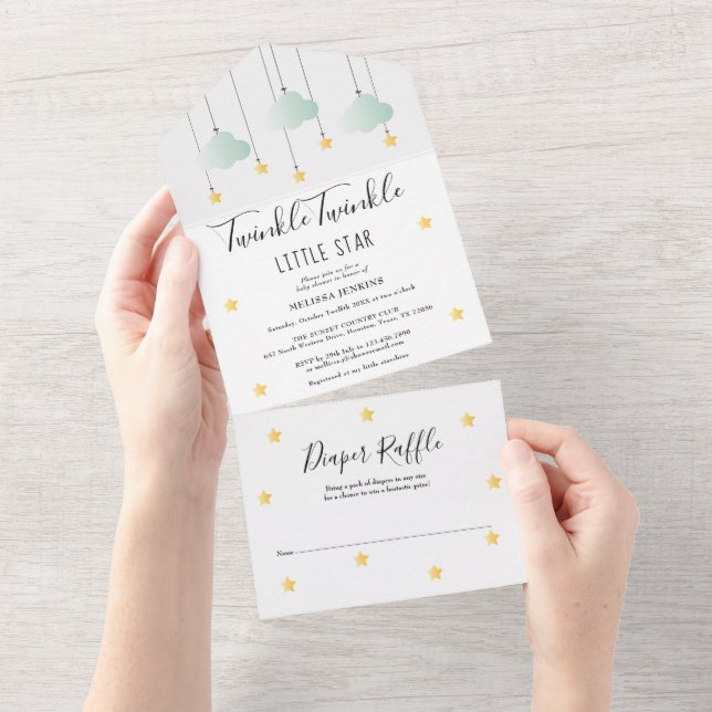 Invitation Tout En Un Fête de bébé neutre Twinkle Twinkle (Déchirure)