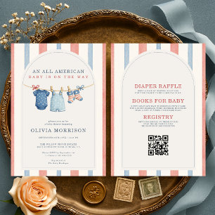 Invitation Tout en Un Fête de Bébé Rayures Tout Américain