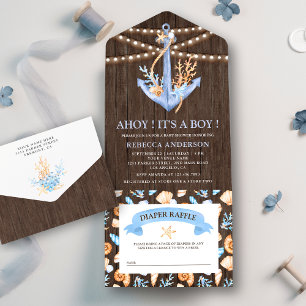 Invitation Tout En Un Fête de naissance bébé en bois d'ancre nautique aq