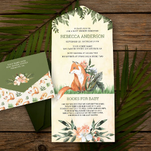 Invitation Tout En Un Fête de Naissance Bébé Renard Mignon Bois Rustique