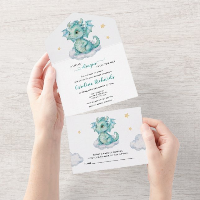 Invitation Tout En Un Fête de naissance de bébé dragon mignon (Déchirure)