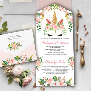 Invitation Tout En Un Fête de Naissance Licorne Fleurie Rose Pâle et Or