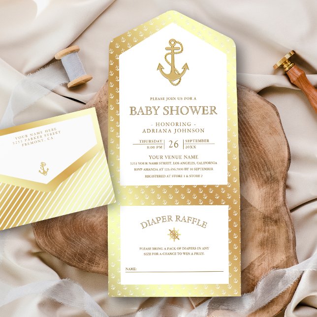 Invitation Tout En Un Fête de naissance thème Nautilus Blanc et Or (Créateur téléchargé)