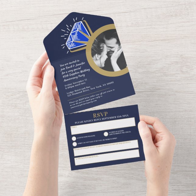 Invitation Tout En Un Fête des 45 ans de mariage bague de saphir bleu (Déchirure)