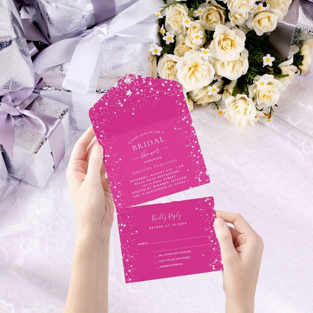 Invitation Tout En Un Fête des mariées étoile blanche rose chaud RSVP (Créateur téléchargé)