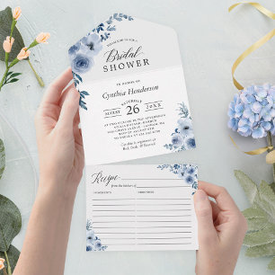 Invitation Tout En Un Fête des mariées Florale Bleue Duisâtre Avec Recet