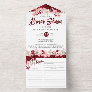 Invitation Tout En Un Fête des mariées florale de Bourgogne rose avec re