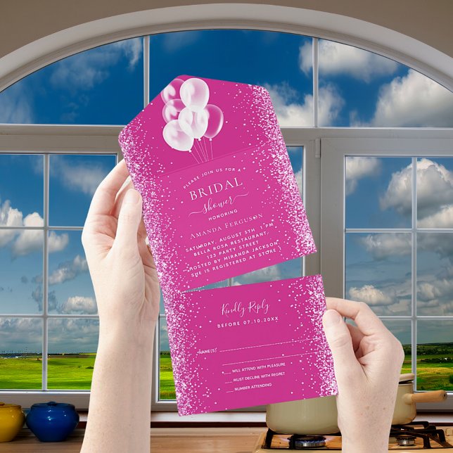 Invitation Tout En Un Fête des mariées rose blanc ballons confetti RSVP (Créateur téléchargé)