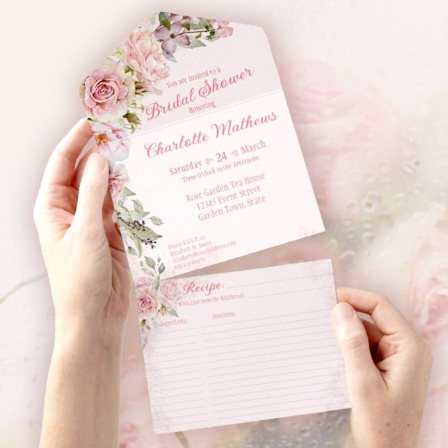 Invitation Tout En Un Fête des mariées Rose d'aquarelle rose (Pink Watercolor Roses Bridal Shower All In One Invitation, easy-to-tear-off perforated Recipe Card.)