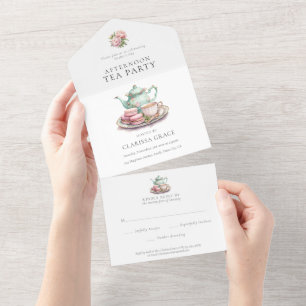 Invitation Tout En Un Fête des Mères Elégante Tea Party Aquarelle
