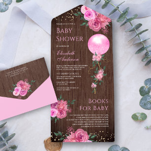 Invitation Tout En Un Fête Prénatale Fille Ballon Floral Rose Bois Rusti
