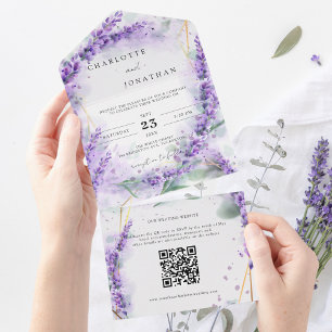 Invitation Tout En Un Feuillage de lavande Dusty Mariage de code QR mode